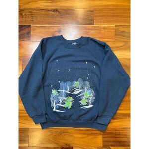 Size‎ XL - vintage 1900s cute nature fall winter scene embroidered sweatshirt